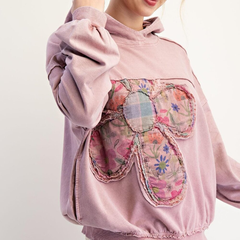 EASEL Mauve Boho Hoodie with Floral Patchwork Oversized Fit, Cottagecore Style